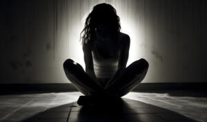 Silhouette of a girl sitting cross legged alone in the dark.